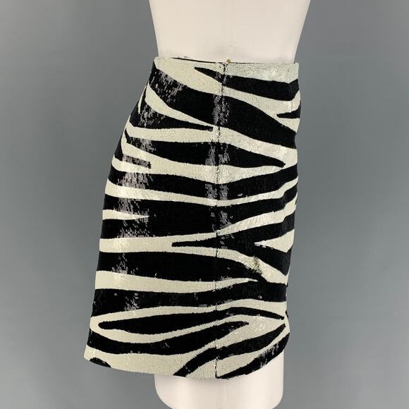 Size 2 Black Cream Zebra Print Stripe Acetate Viscose Sequined Mini Skirt - Picture 2 of 6
